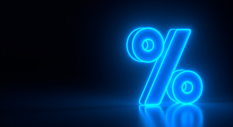 Glowing blue percent symbol on black dark background. Seasonal sales and discounts. Discount, sale sign, neon lights. Business colorful concept. 3d rendering.